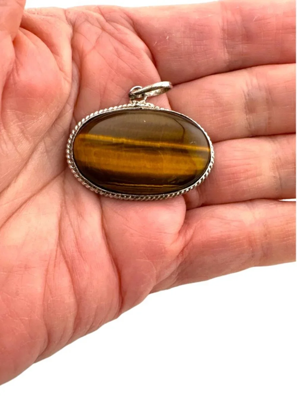Large Tiger’s Eye Pendant East West Cabochon Vintage Silver Artisan